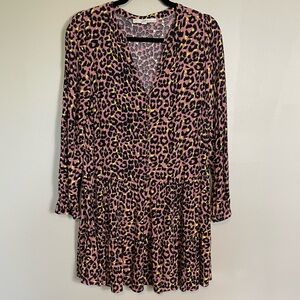 LOFT Tiered Midi Long Sleeve Dress Size Small Pink Leopard V Neck